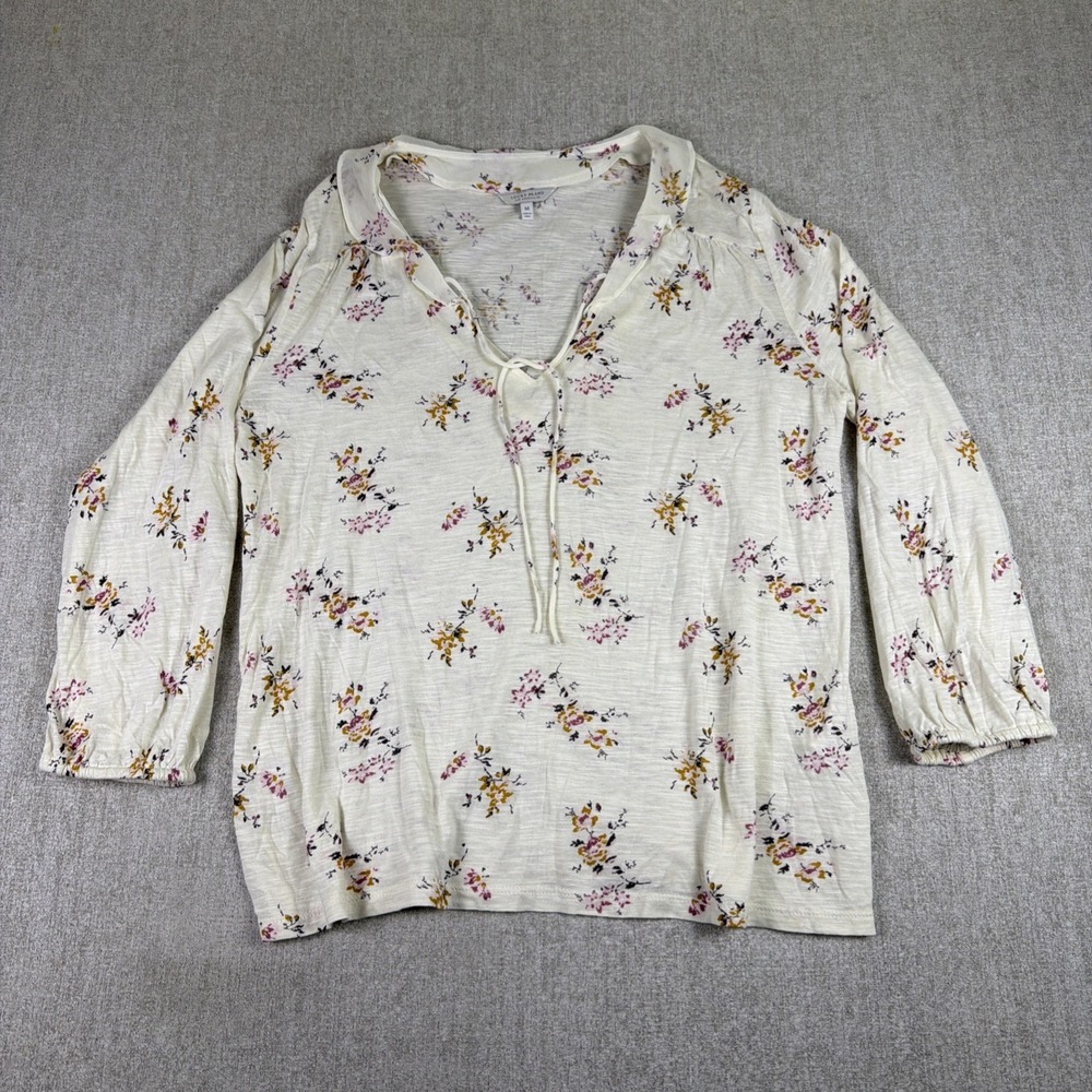 Lucky Brand Top Women's M Cream and Floral Boho Peasant Cottage Blouse Ruffle